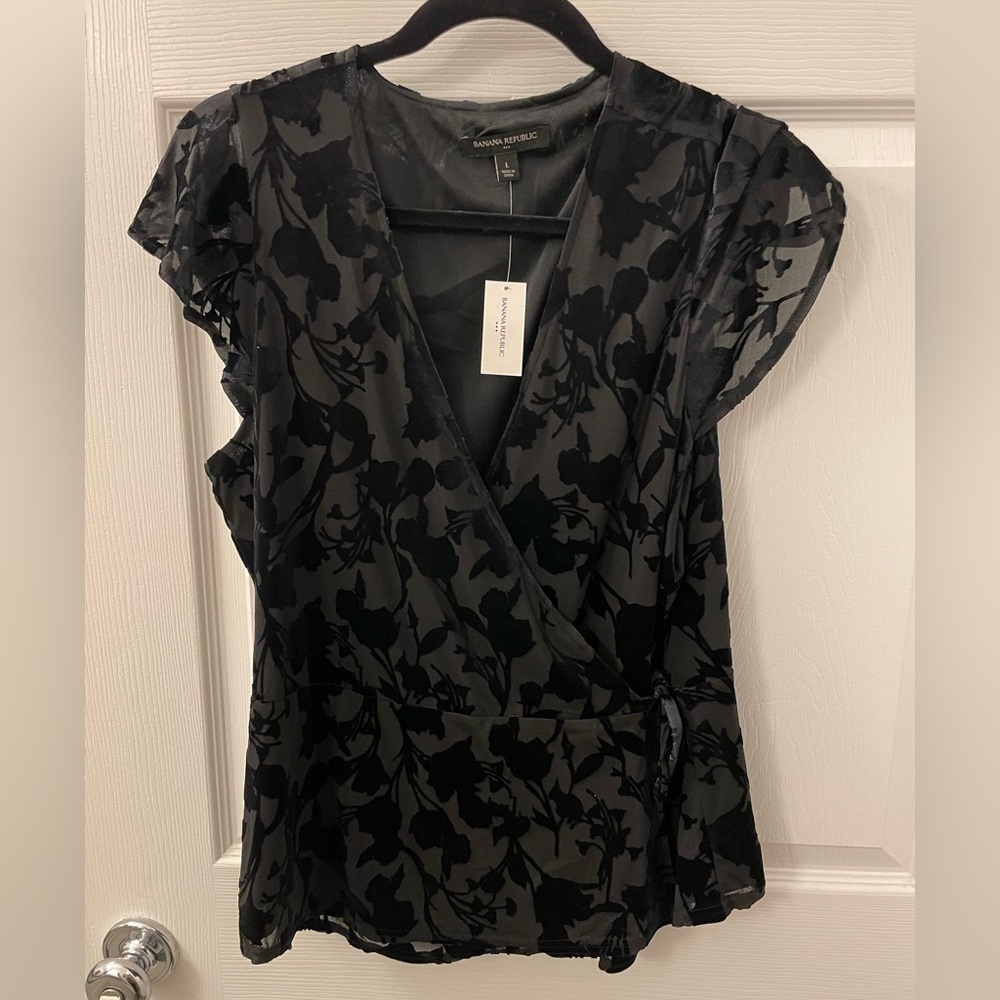 Banana republic, black velvet wrap blouse